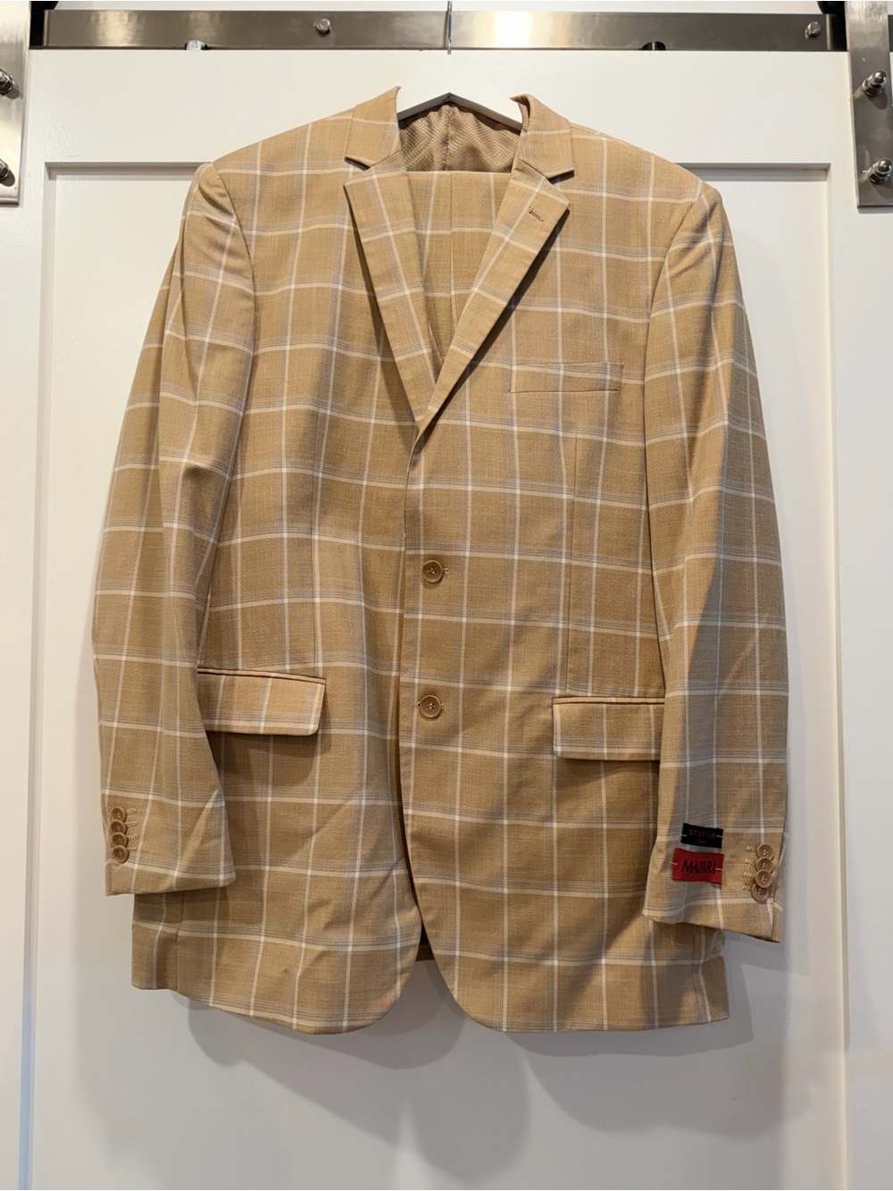 Mazari Mens 3 Piece Suit 44L Jacket Vest 38L Pants Tan Windowpane Plaid
